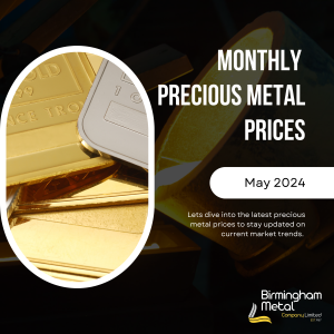 Precious Metal prices throughout May 2024 including the price changed to gold, platinum and palladium.